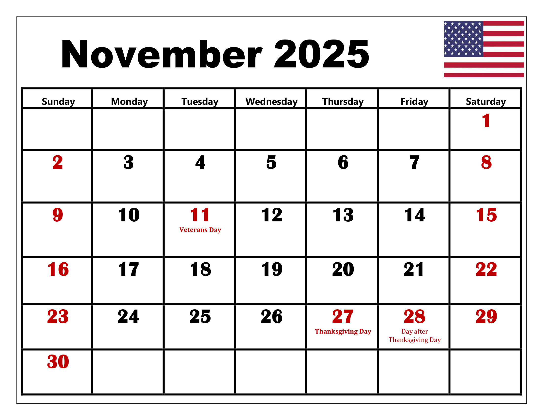 November Calendar With Holidays Printable