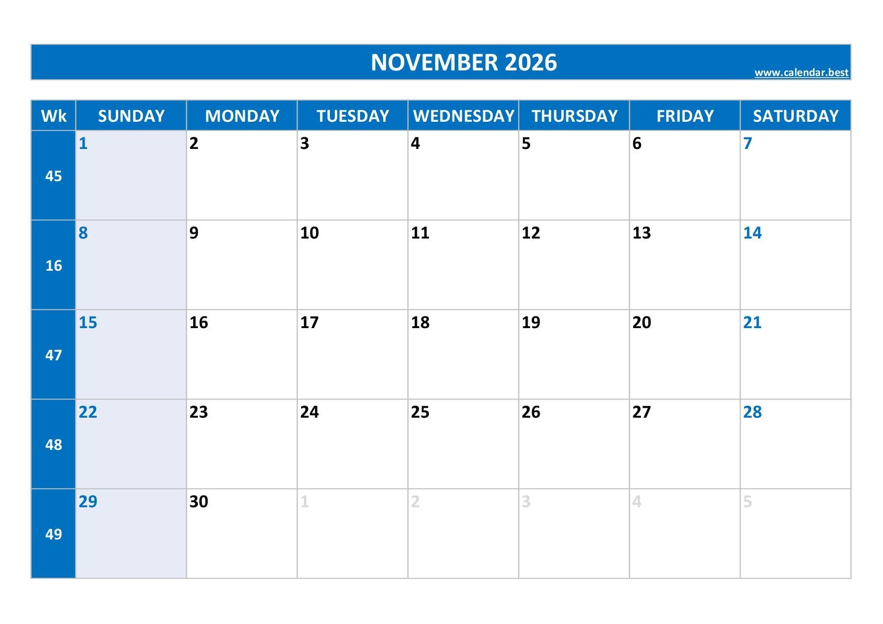 November 2026 Calendar Printable Calendar