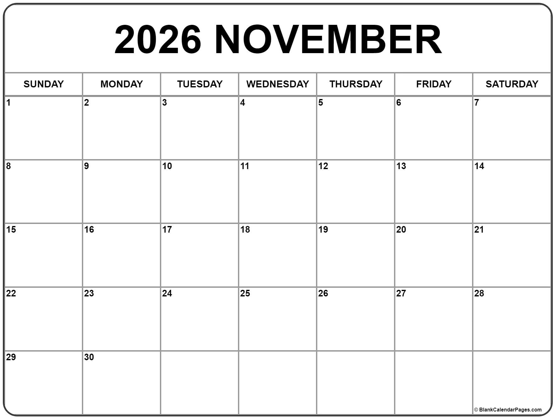 November 2026 Calendar Free Printable Calendars