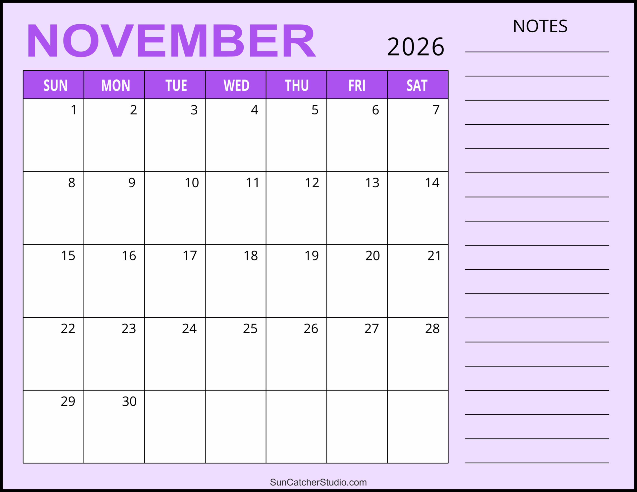 Nov Calendar 2026 Blank Printable