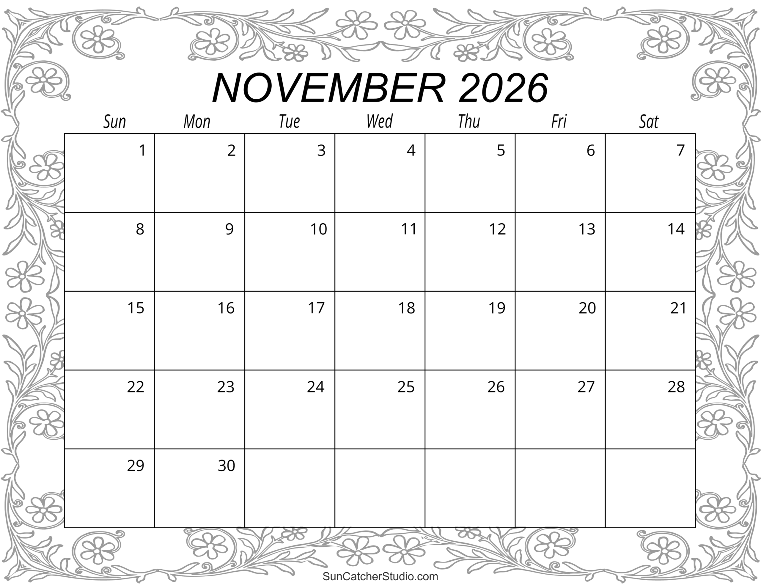 Full Sheet Printable Calendar November 2026