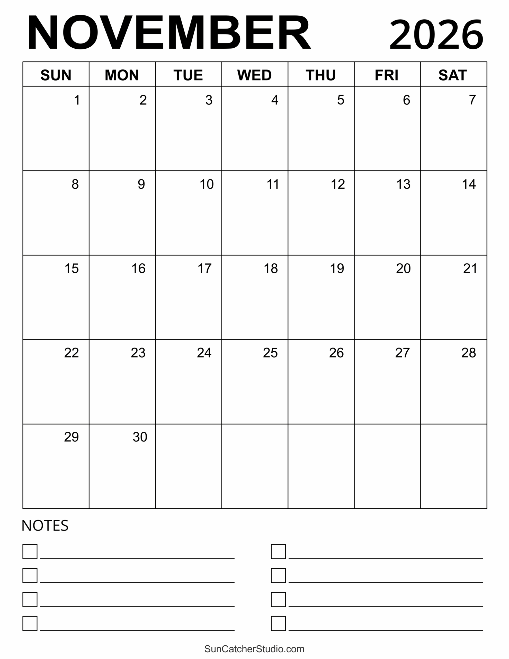 Cute November Month Printable Calendar 2026