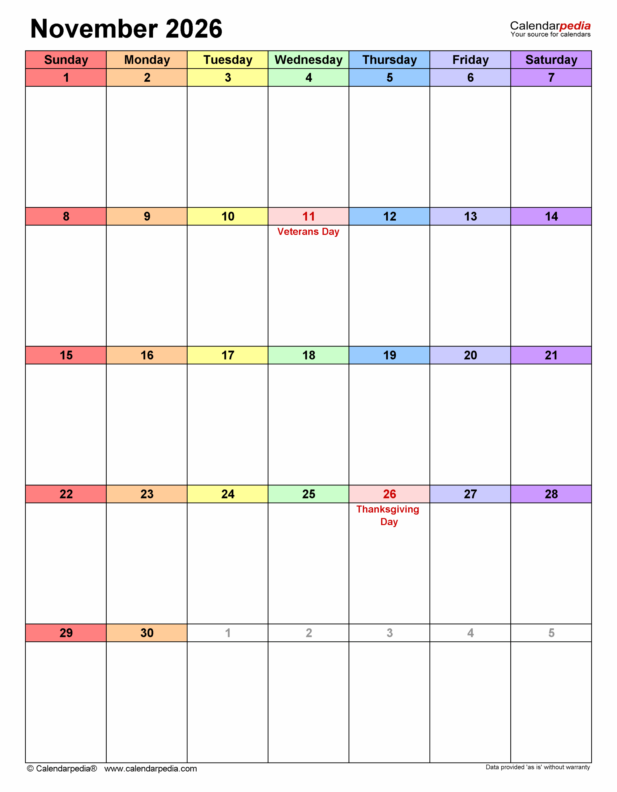 Printable Daily Calendar November 2026 Portrait