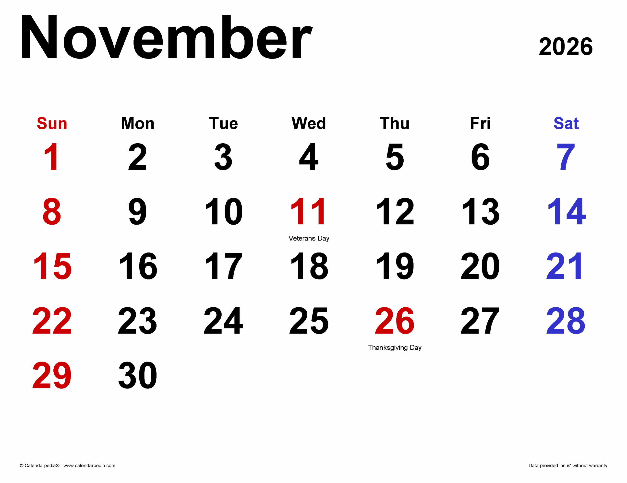Large Printable November 2026 Calendar Landscape