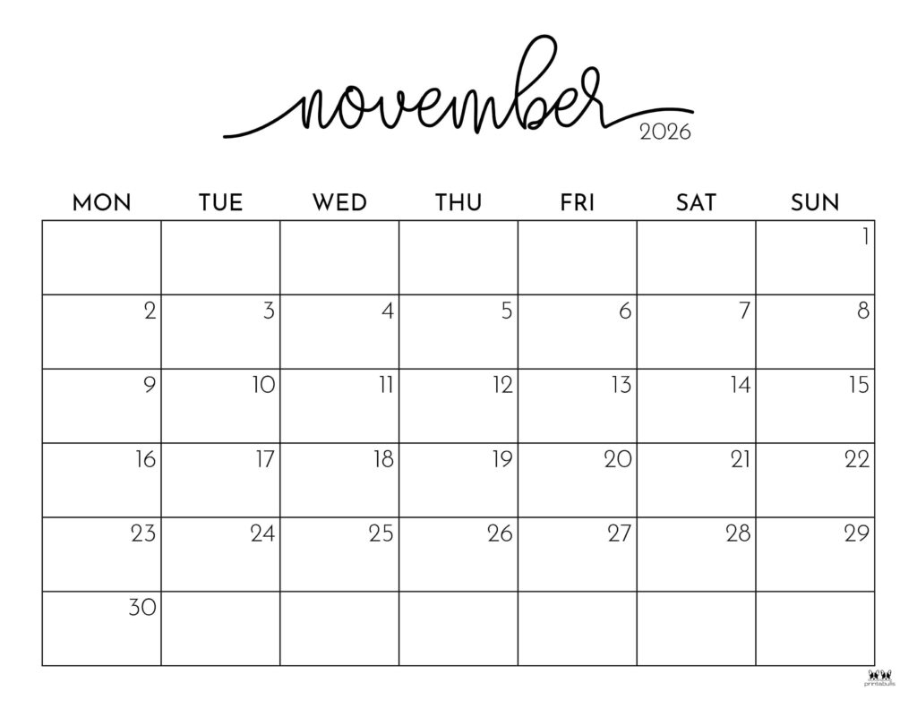 Holiday November 2026 Calendar Printable