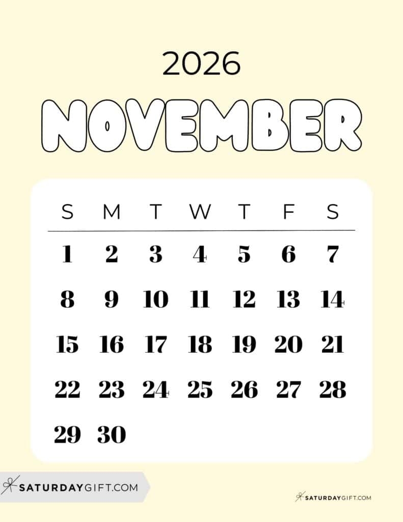 Printable Calendar November 2026 Pretty