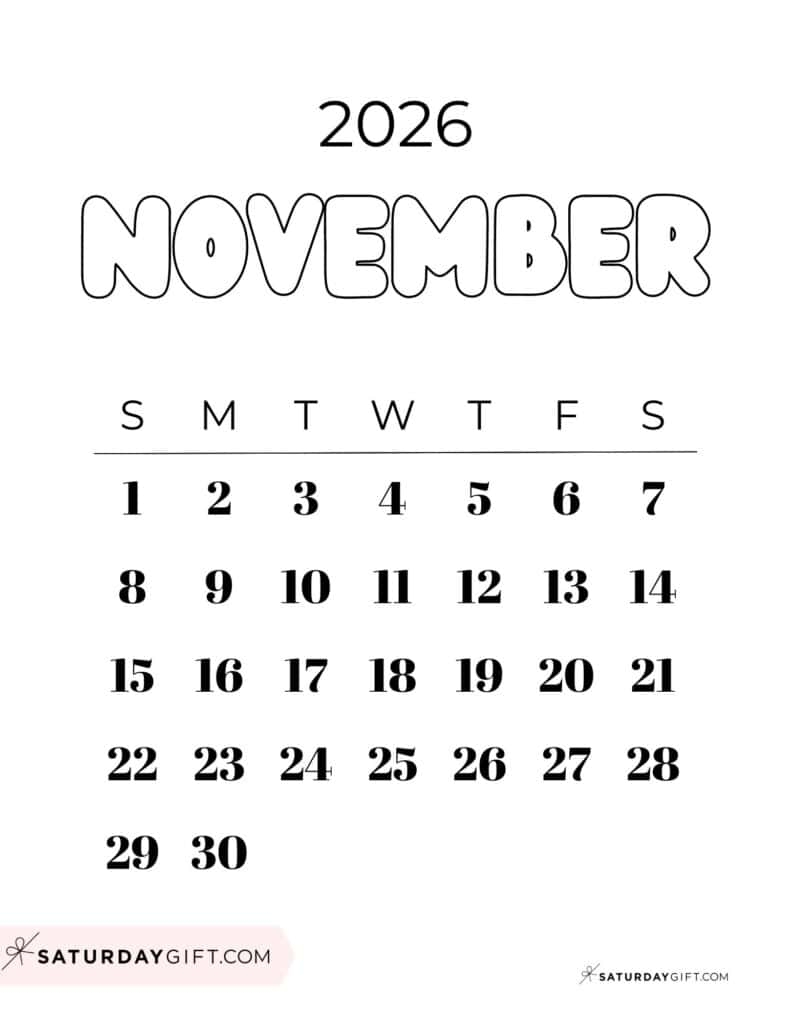 November Printable Calendar 2026 Word