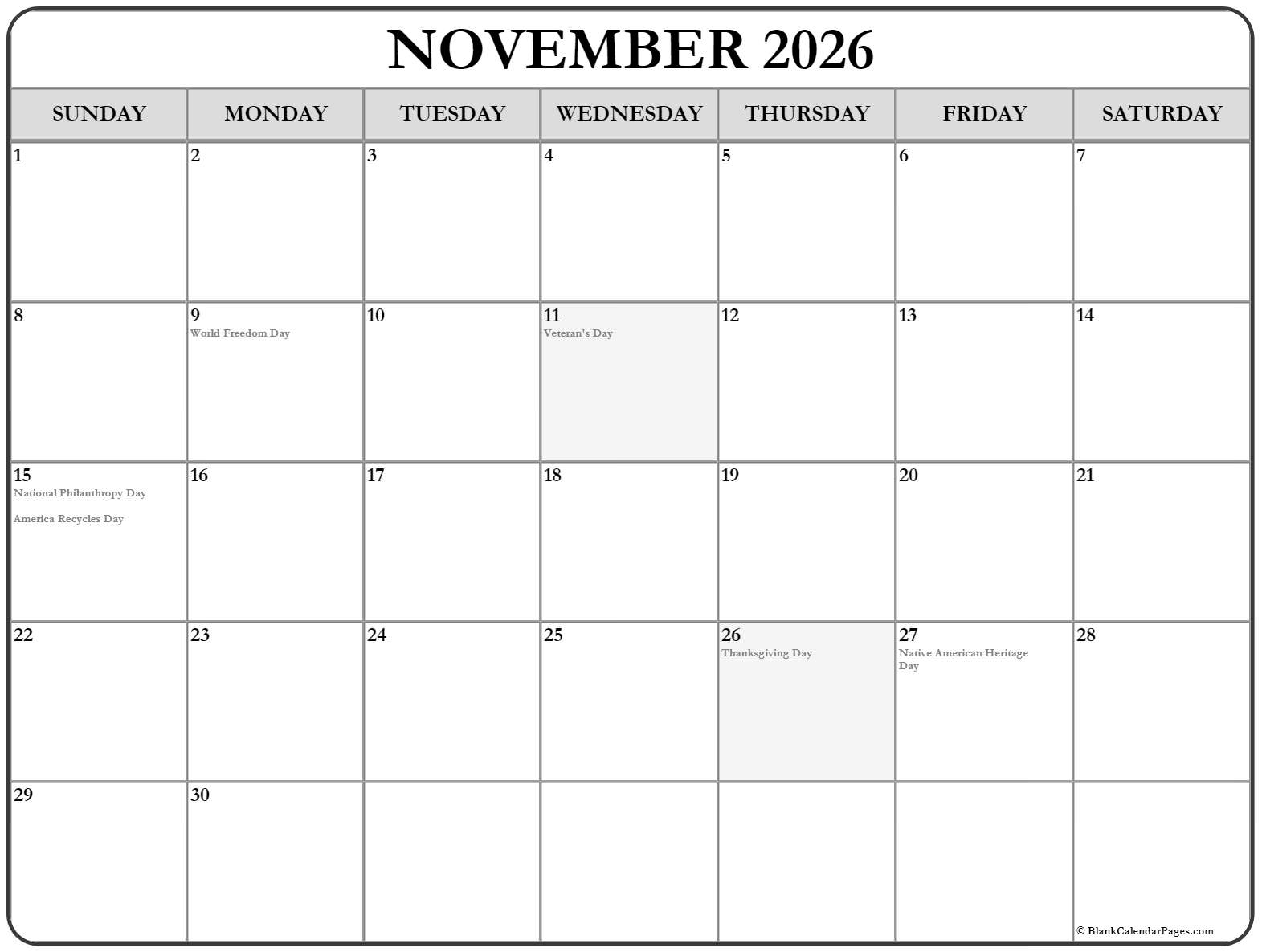 November Feast Calendar 2026 Printable