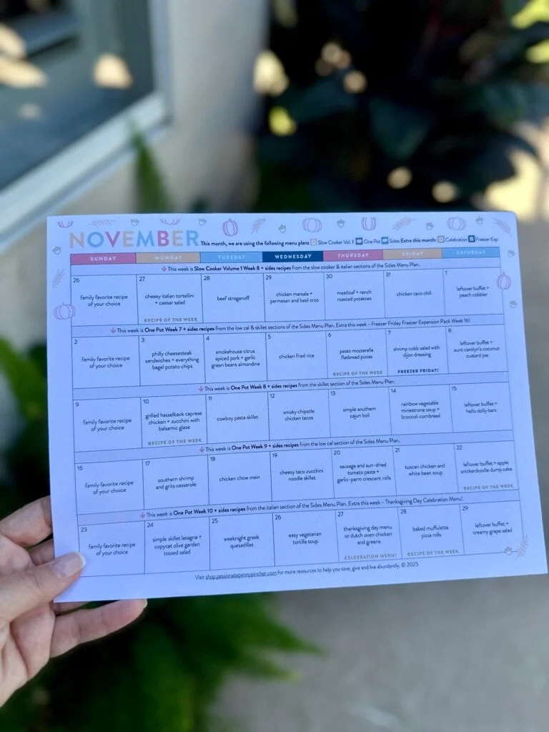 November Menu Calendar Printable