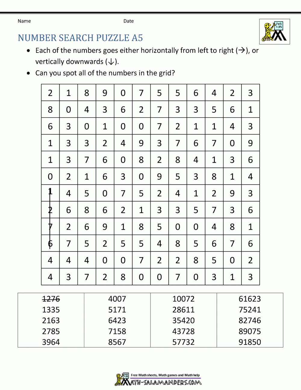 Number Search Puzzles Printable