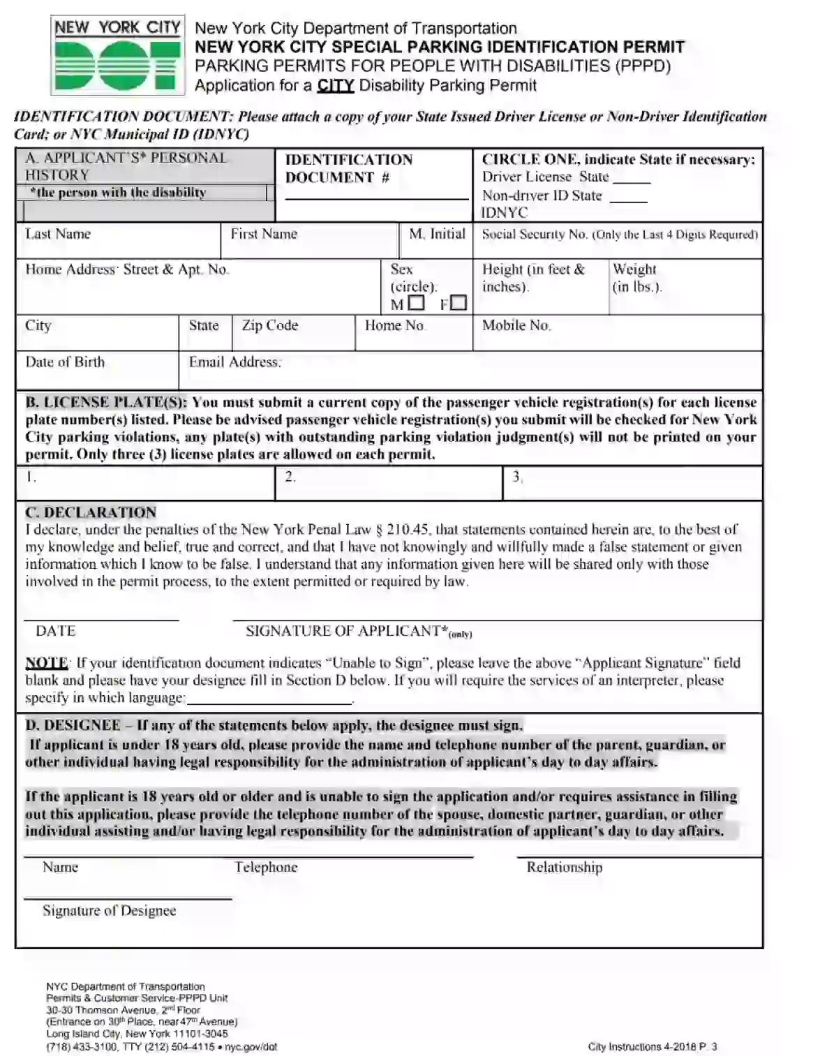 NYC Disability Parking Permit Fill Out Printable PDF Forms Online