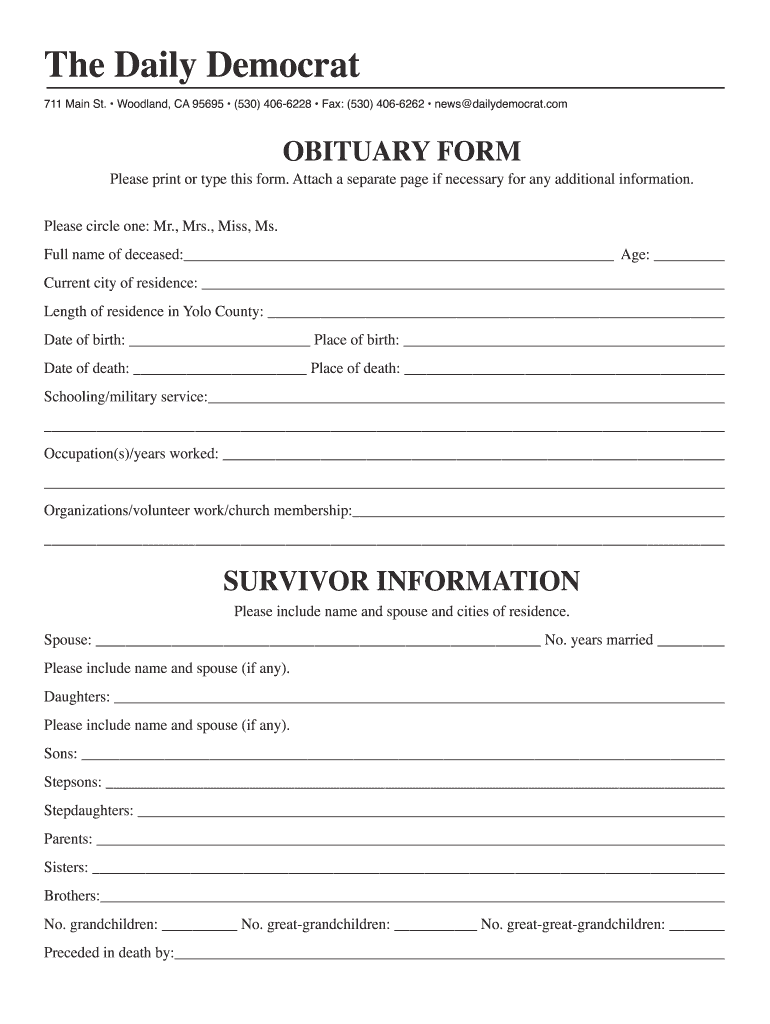 Form To Write An Obituary