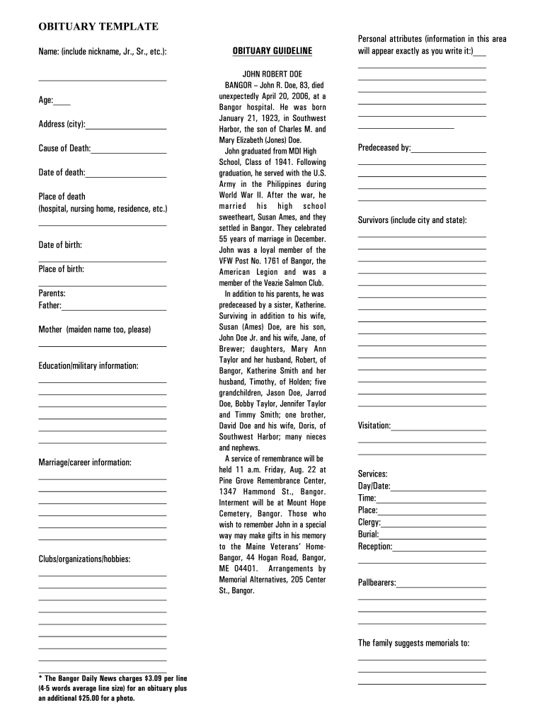 Free Printable Template For Obituary
