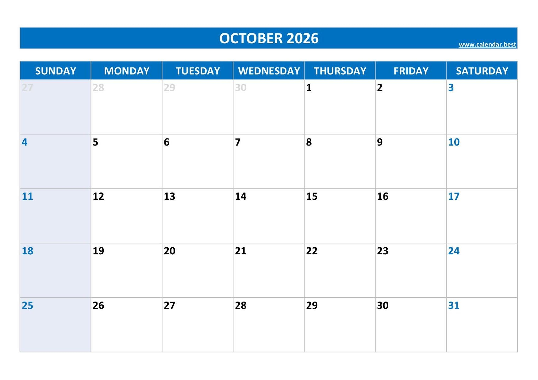 October 2026 Printable Calendar