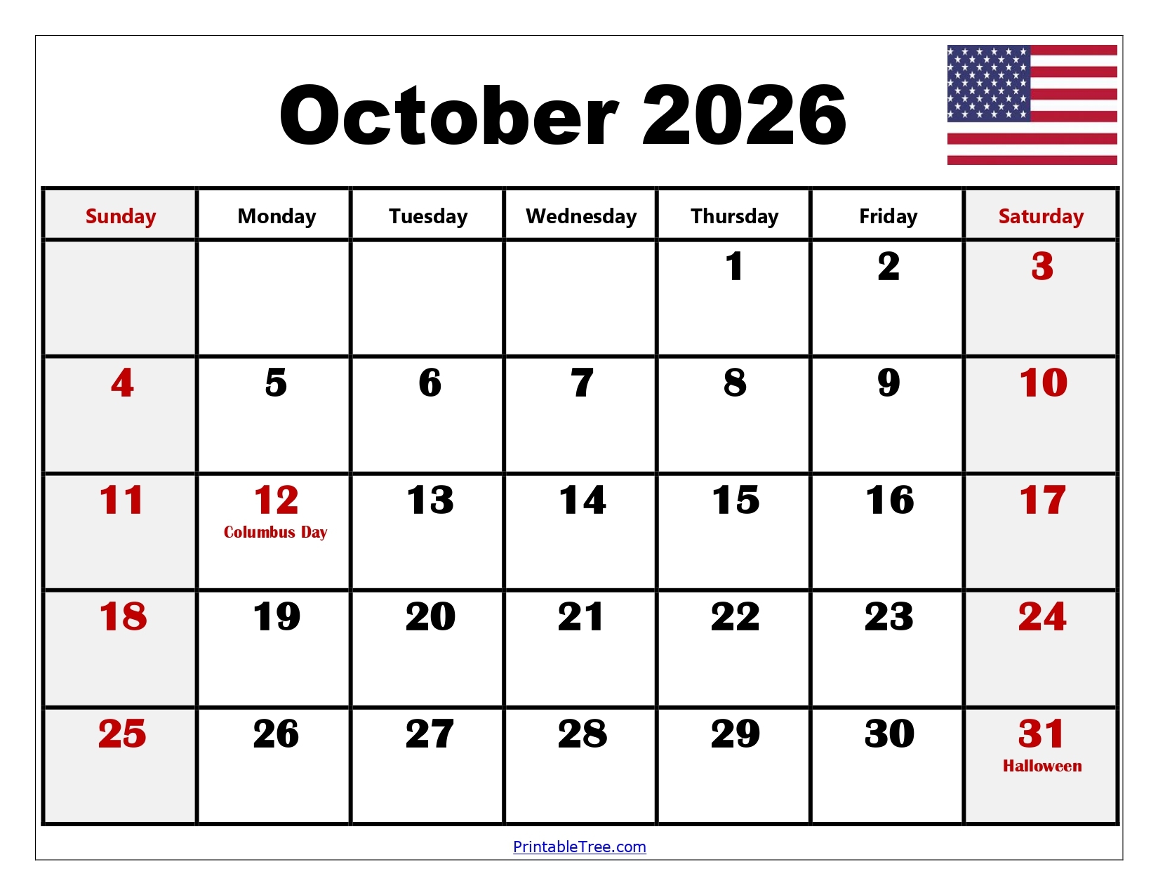 Printable 2026 Calendar October November