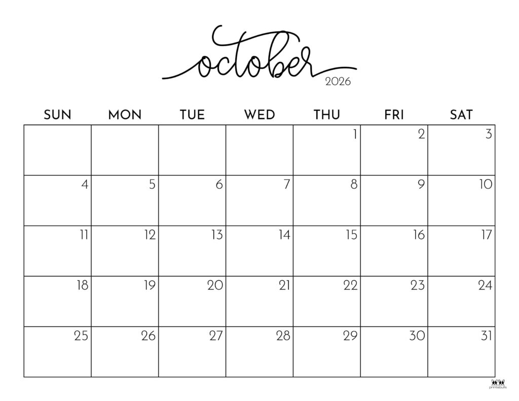 Blank Monthly Calendar Printable October 2026