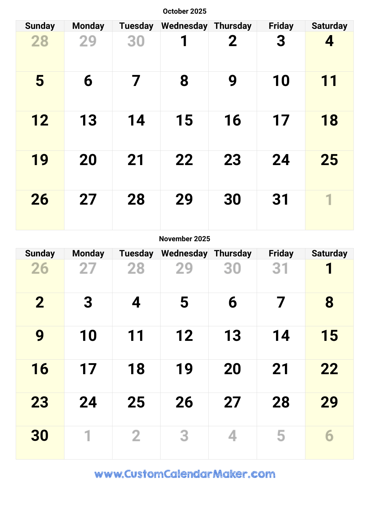 Printable Calendar October November