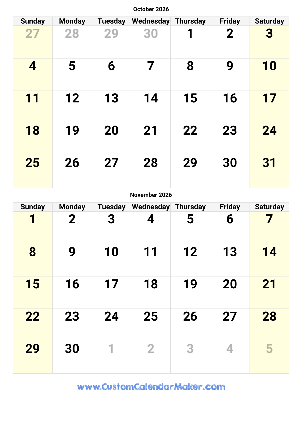 Printable October To November 2026 Calendar