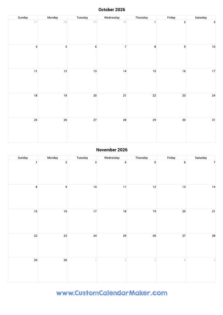 October And November Calendar 2026 Printable