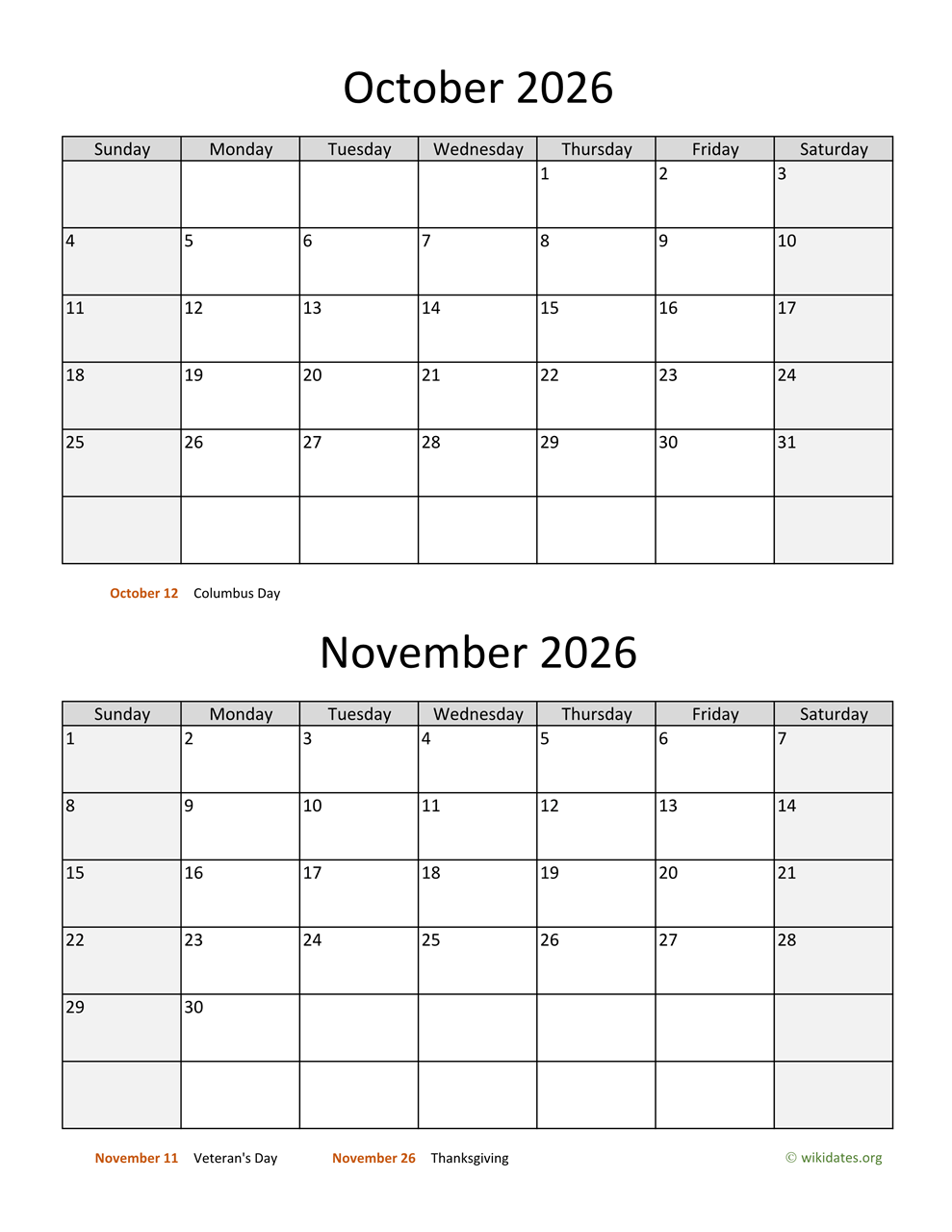 September October November 2026 Calendar Printable