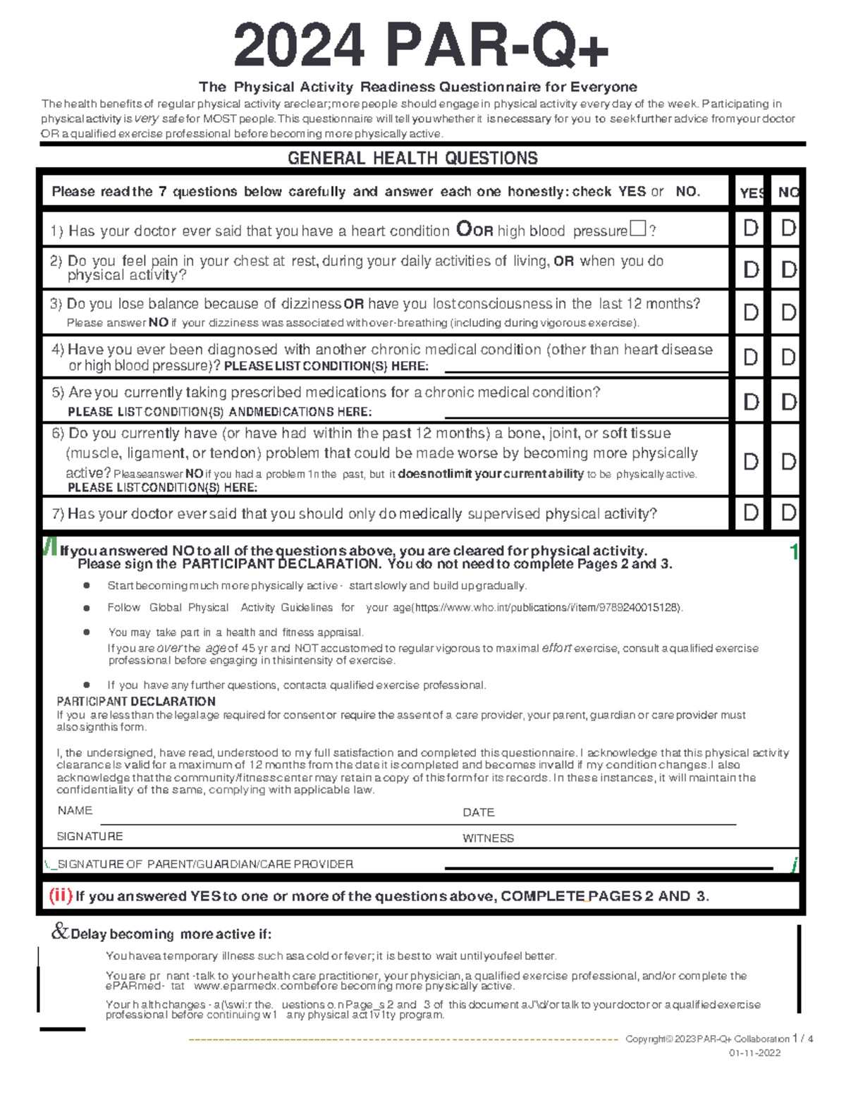 PAR Q 2024 Physical Activity Readiness Questionnaire For 