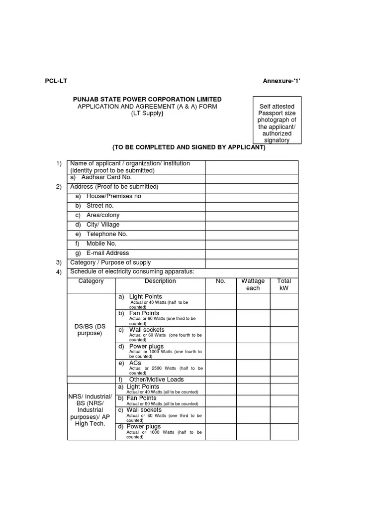 PCL LT 1 Application And Agreement A A Form PDF Ac Power 