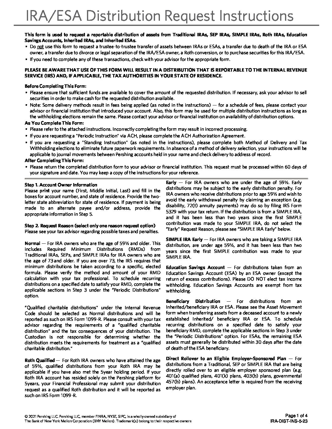 Pershing IRA ESA Distribution Request Private Client Services A 