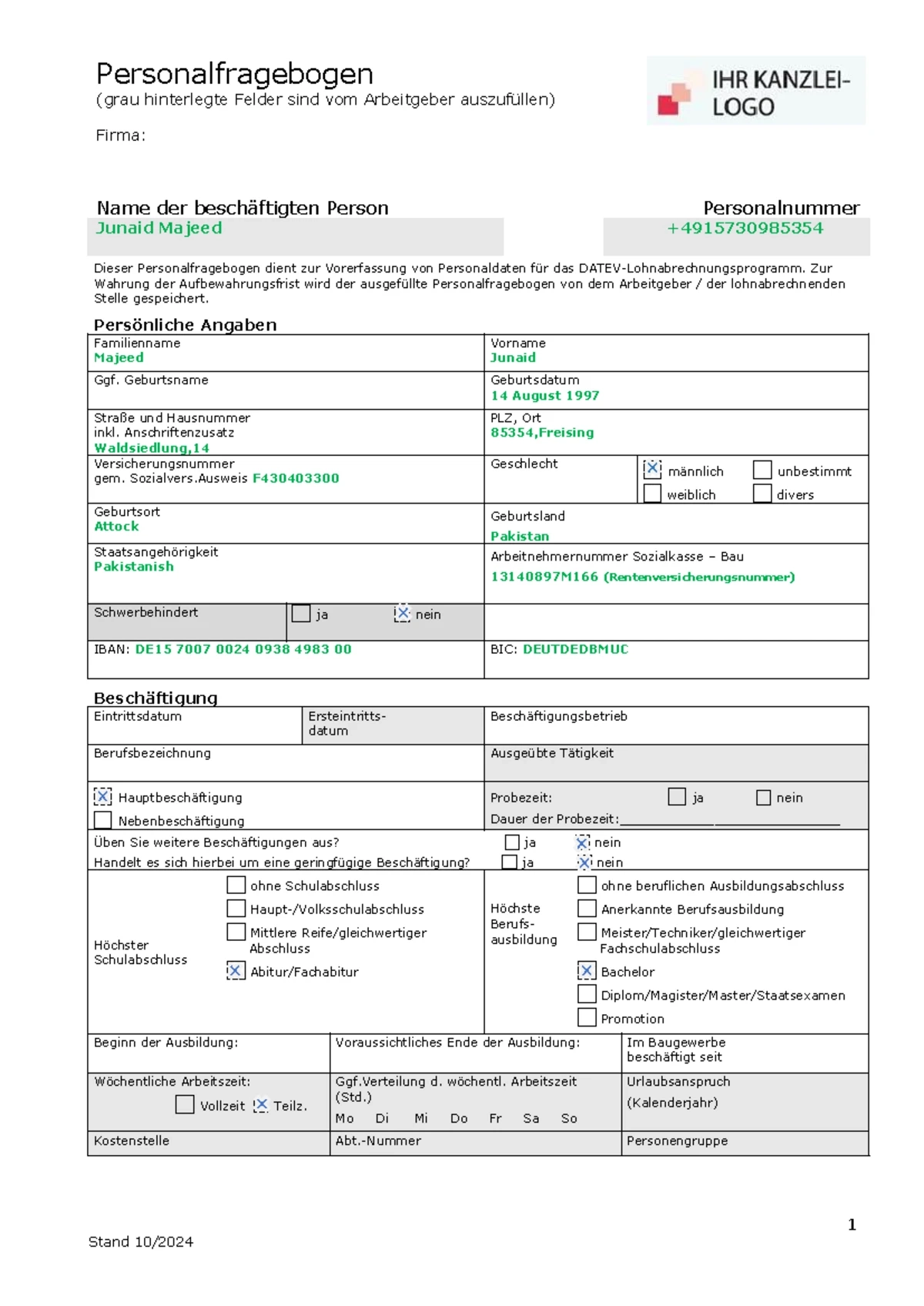 Personalfragebogen F r Junaid Majeed Personalnummer 13140897M166 