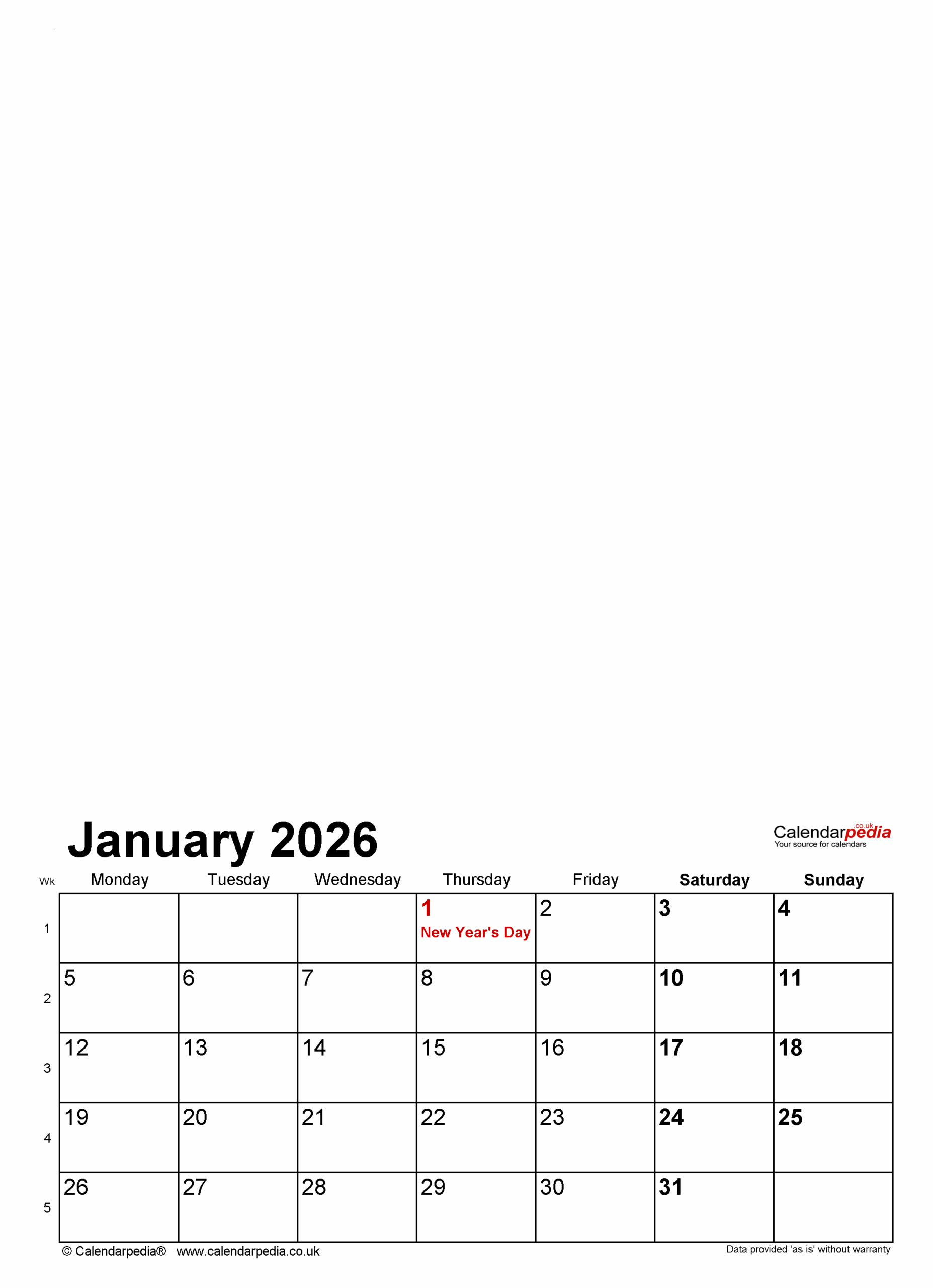 Printable Blank Portrait 2026 Calendar