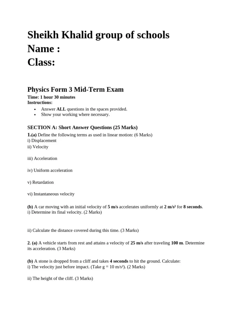 Physics Form 3 Mid Term Exams PDF