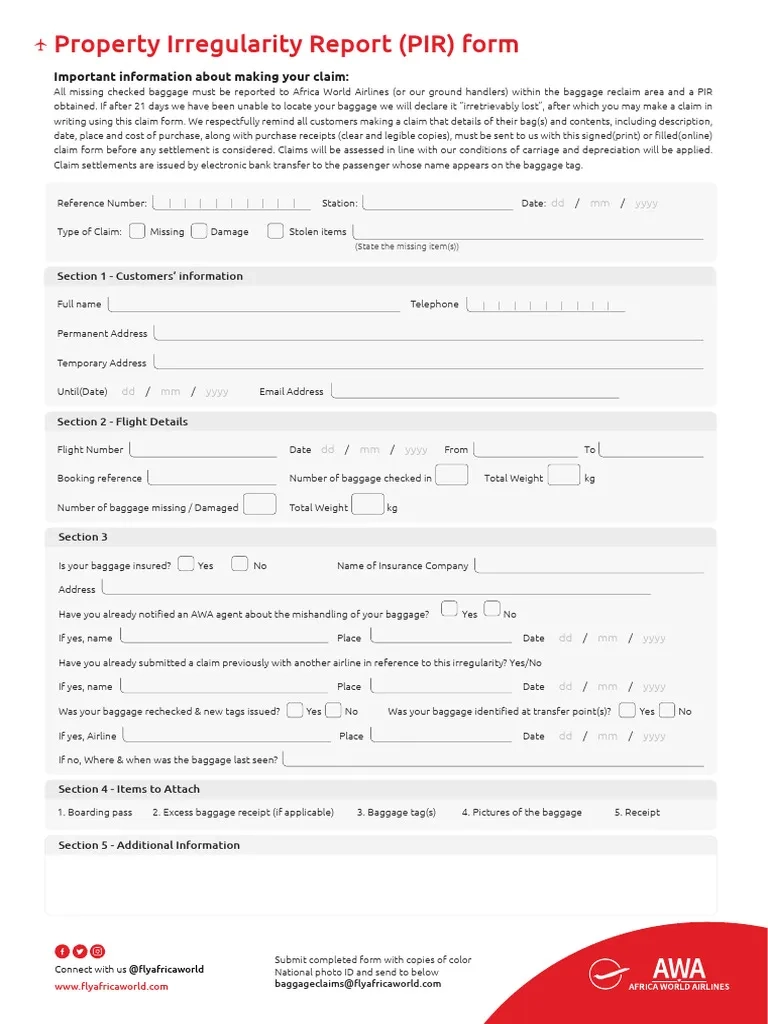 PIR Form PDF Baggage