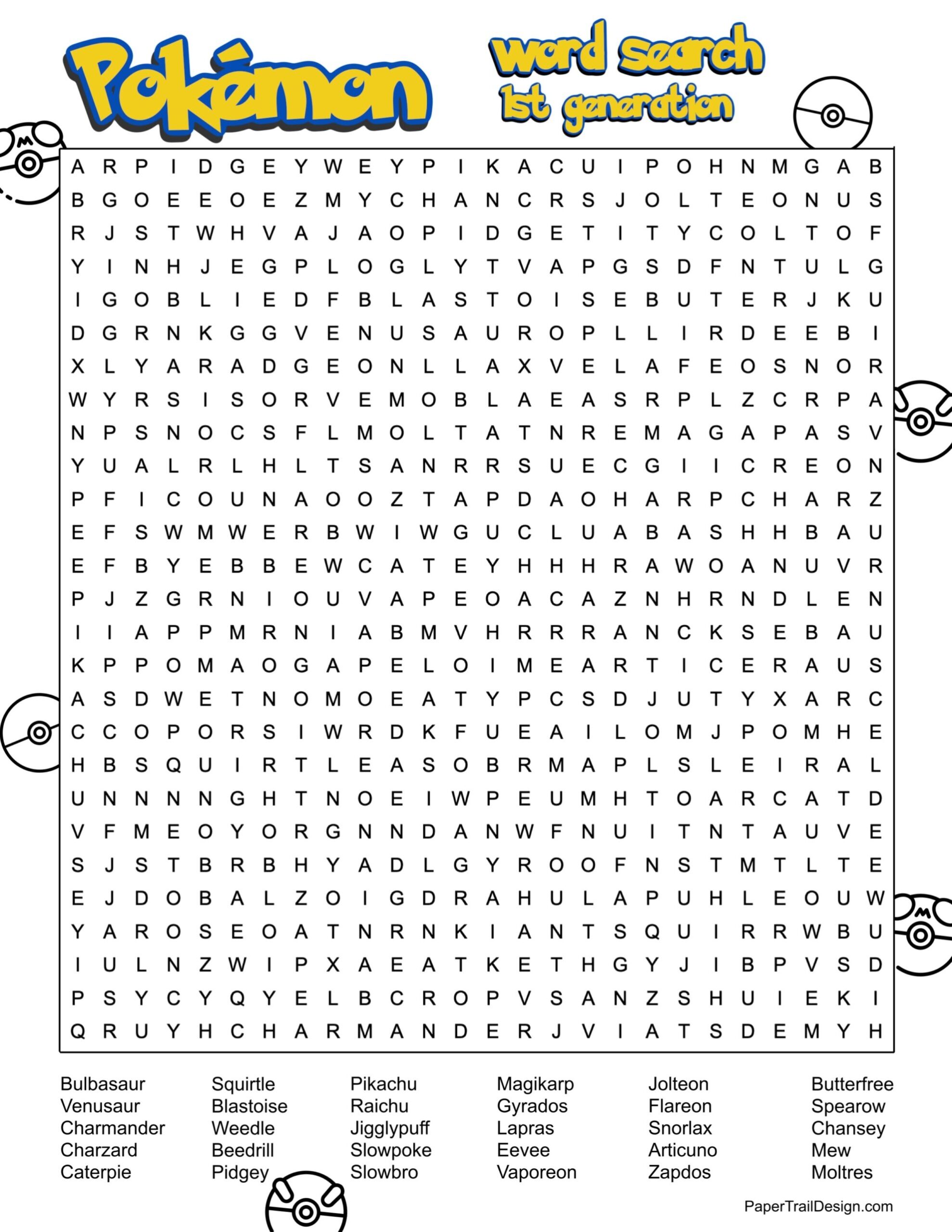 Pok mon Word Search Printable Paper Trail Design Worksheets 