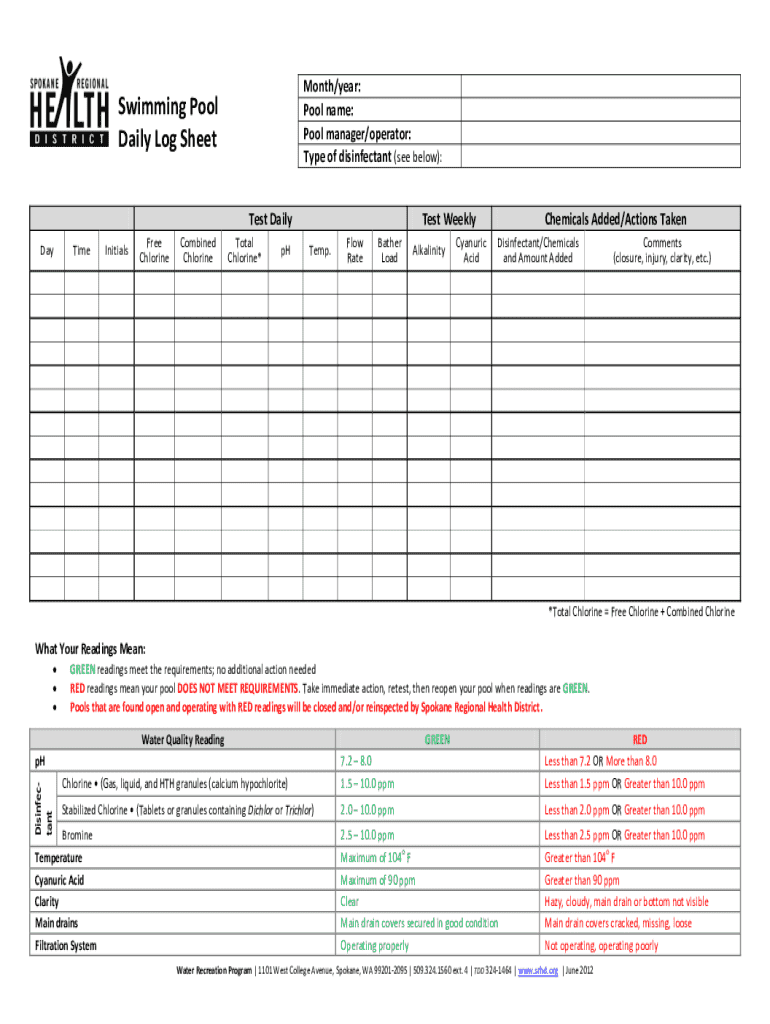 Printable Pool Chemical Log Template