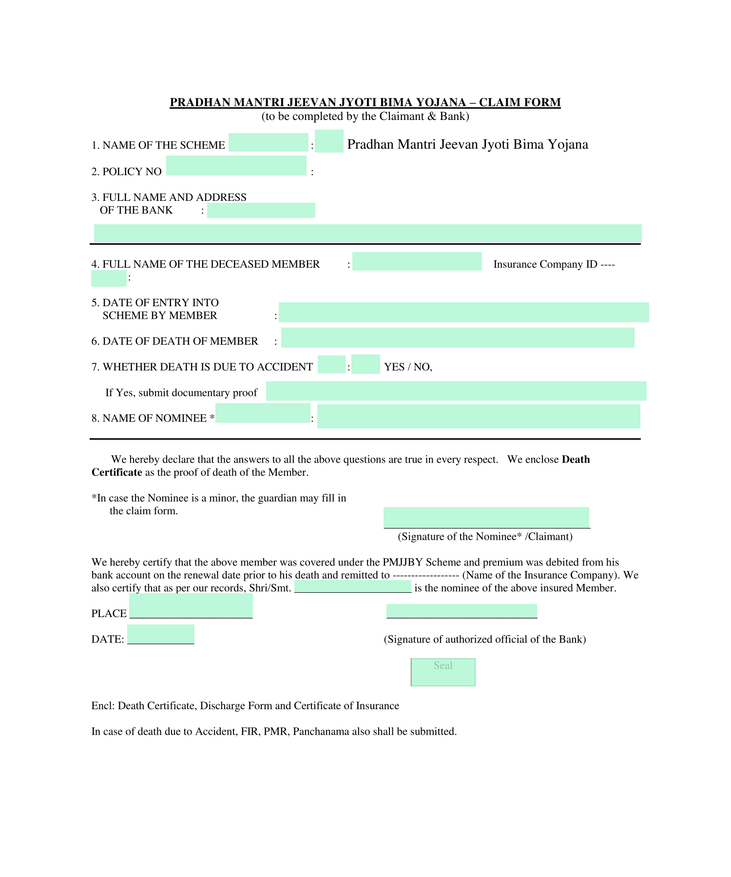 Pradhan Mantri Jeevan Jyoti Bima Yojana Claim Form