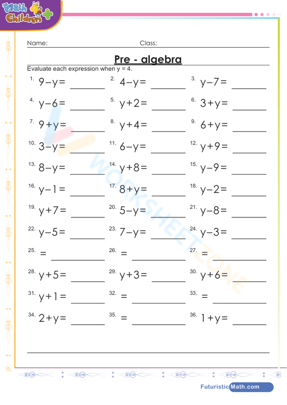 Pre Algebra Worksheets Free Printable