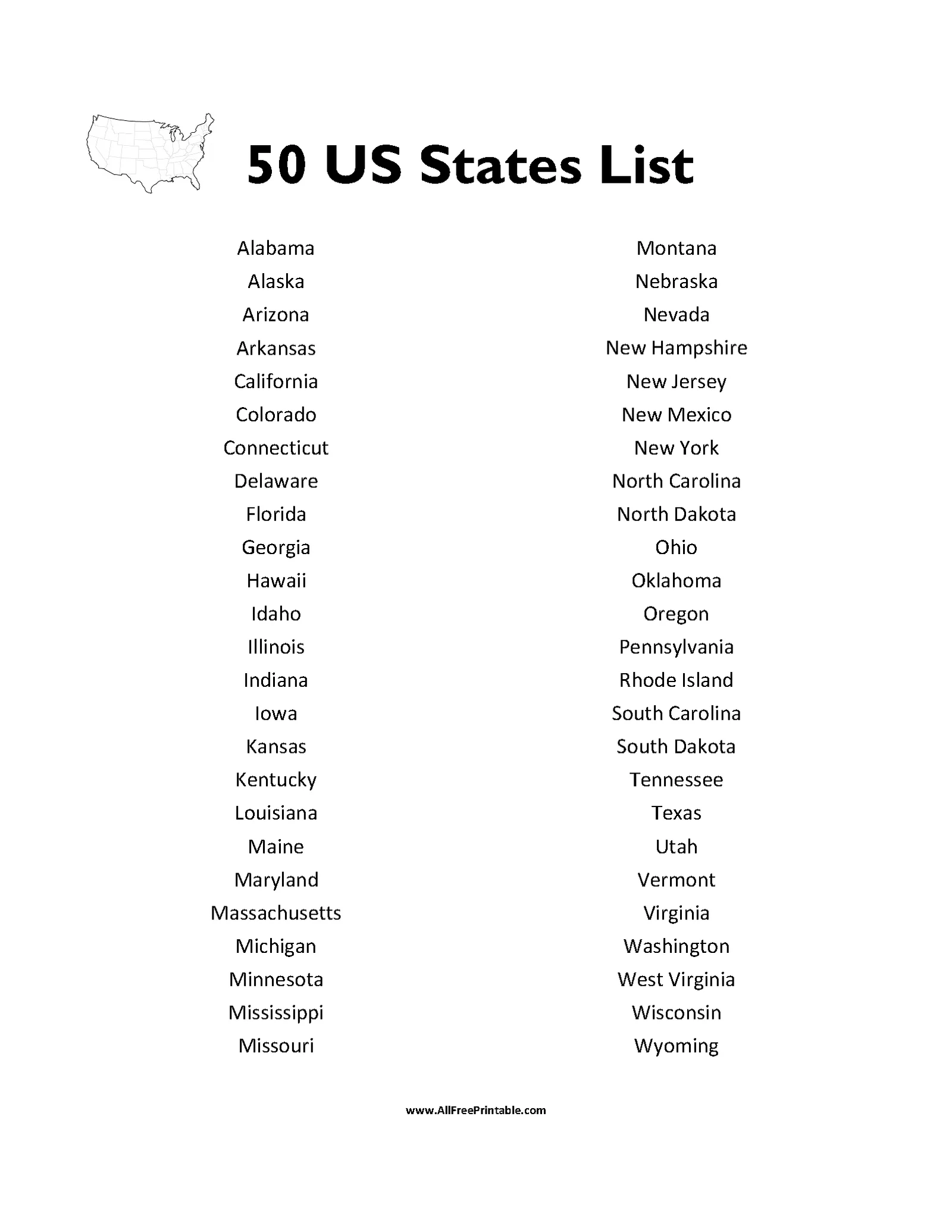 List Of 50 States Printable