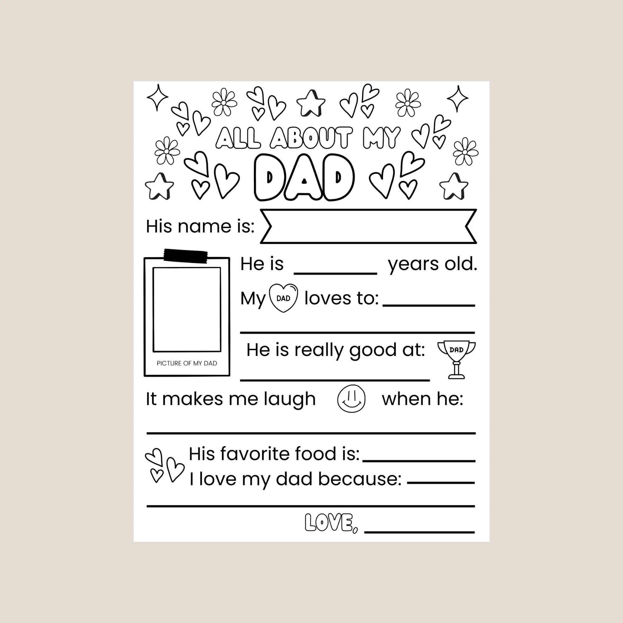 Printable All About My Dad Coloring Fill In The Blank Page 