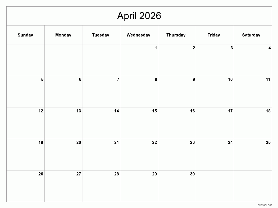 Printable Blank April Calendar 2026