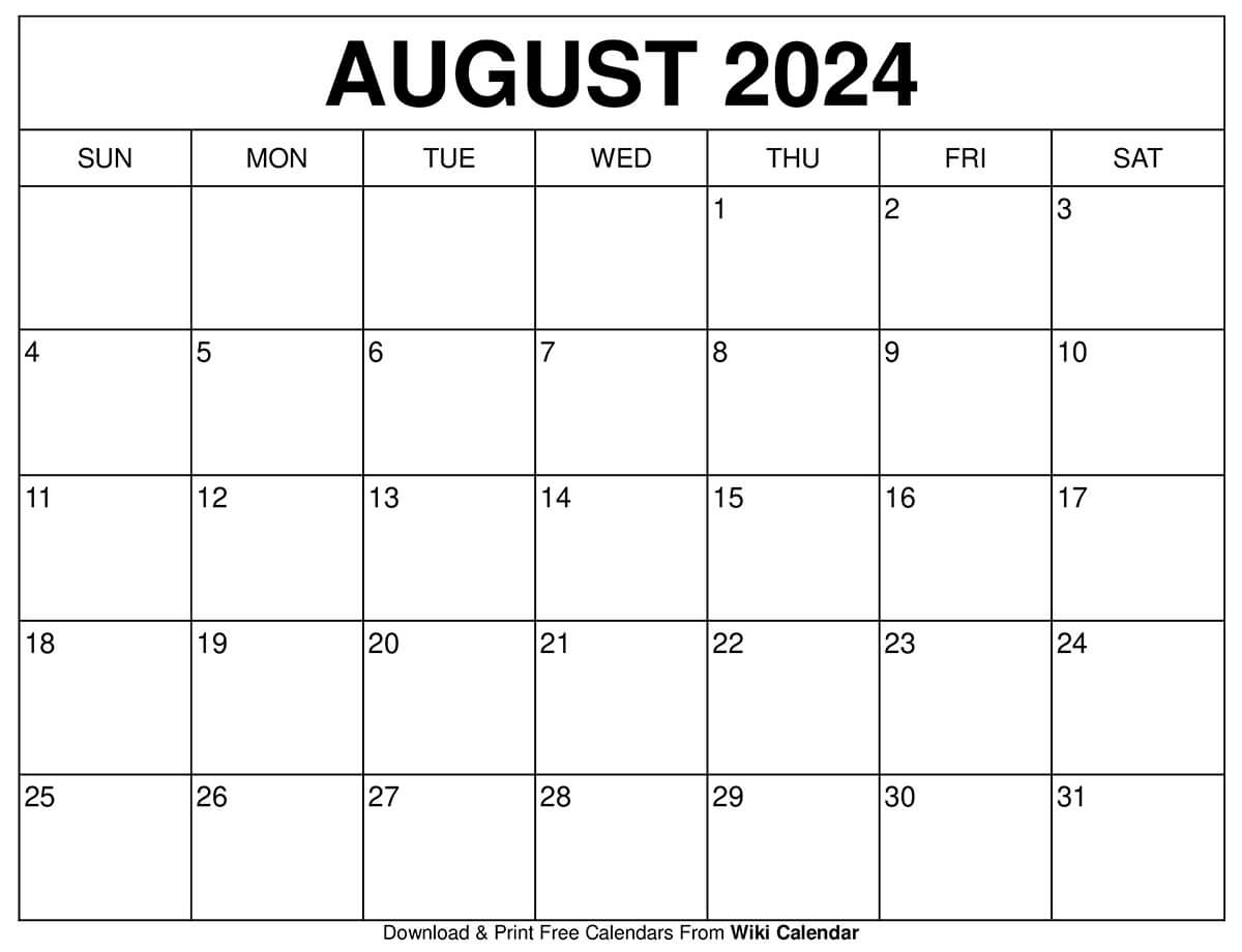 Printable Blank August Calendar