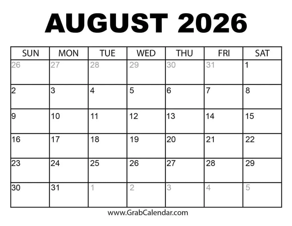 Blank August 2026 Calendar Pdf