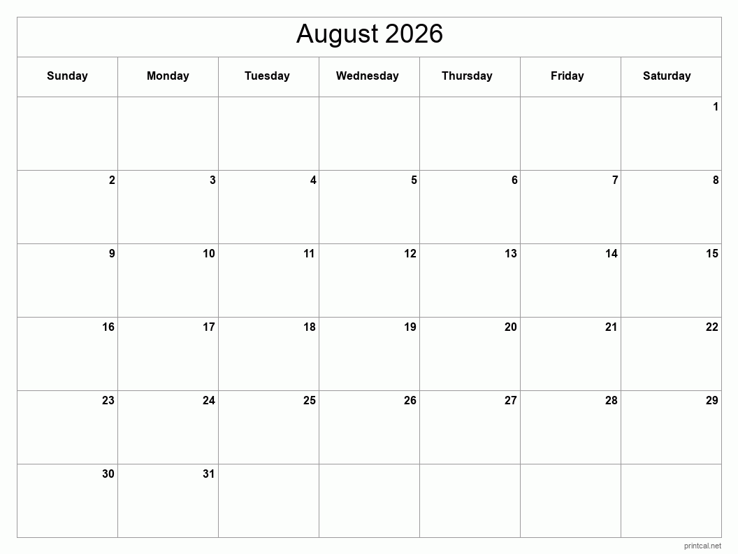 Blank Calendar Printable August 2026 Editable