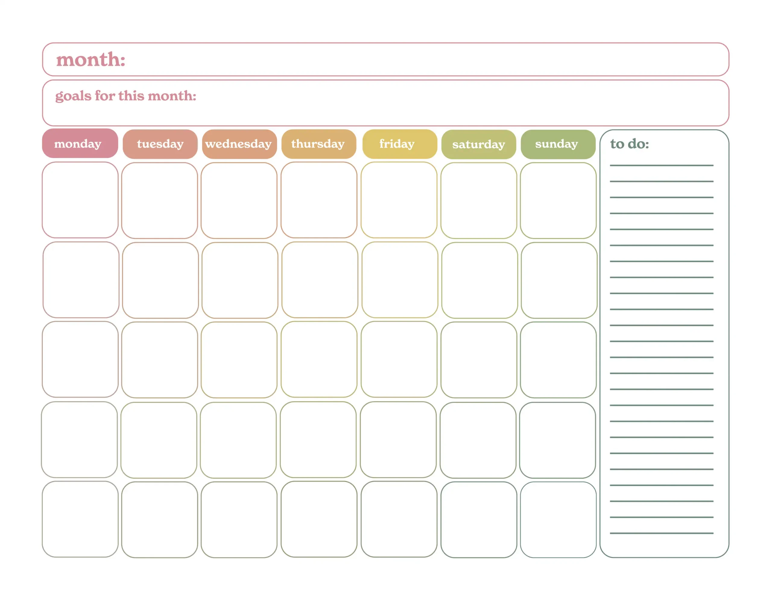 Colorful Printable Blank Monthly Calendar
