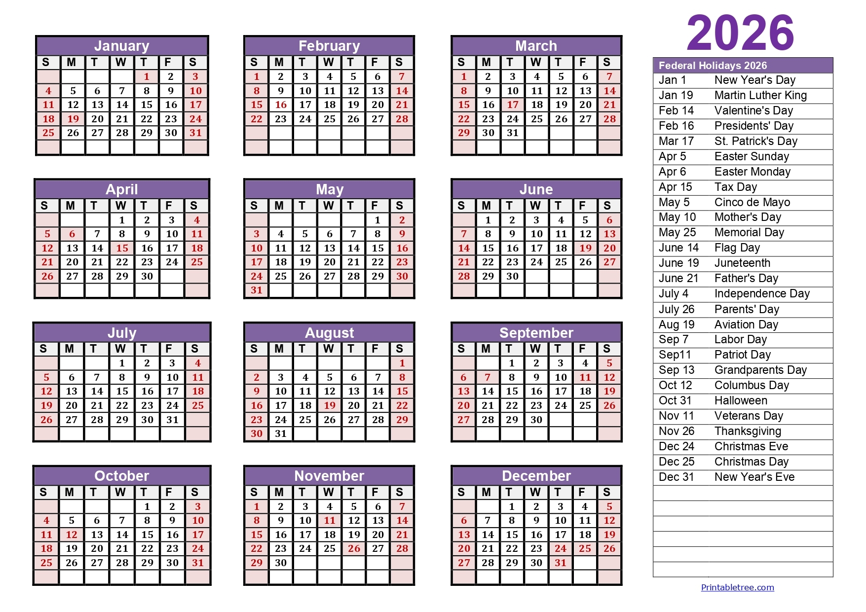 1 Page 2026 Printable Calendar