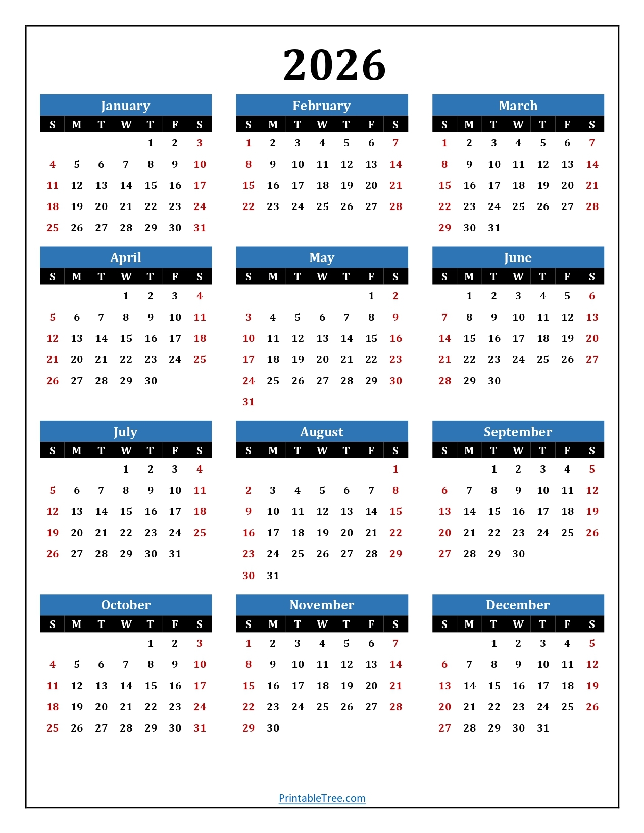 Printable Calendar Year 2026