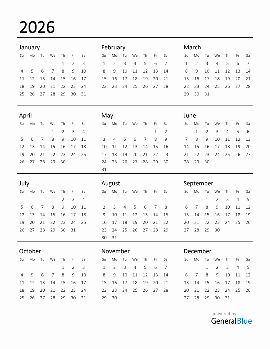Calendar 2026 Free Printable