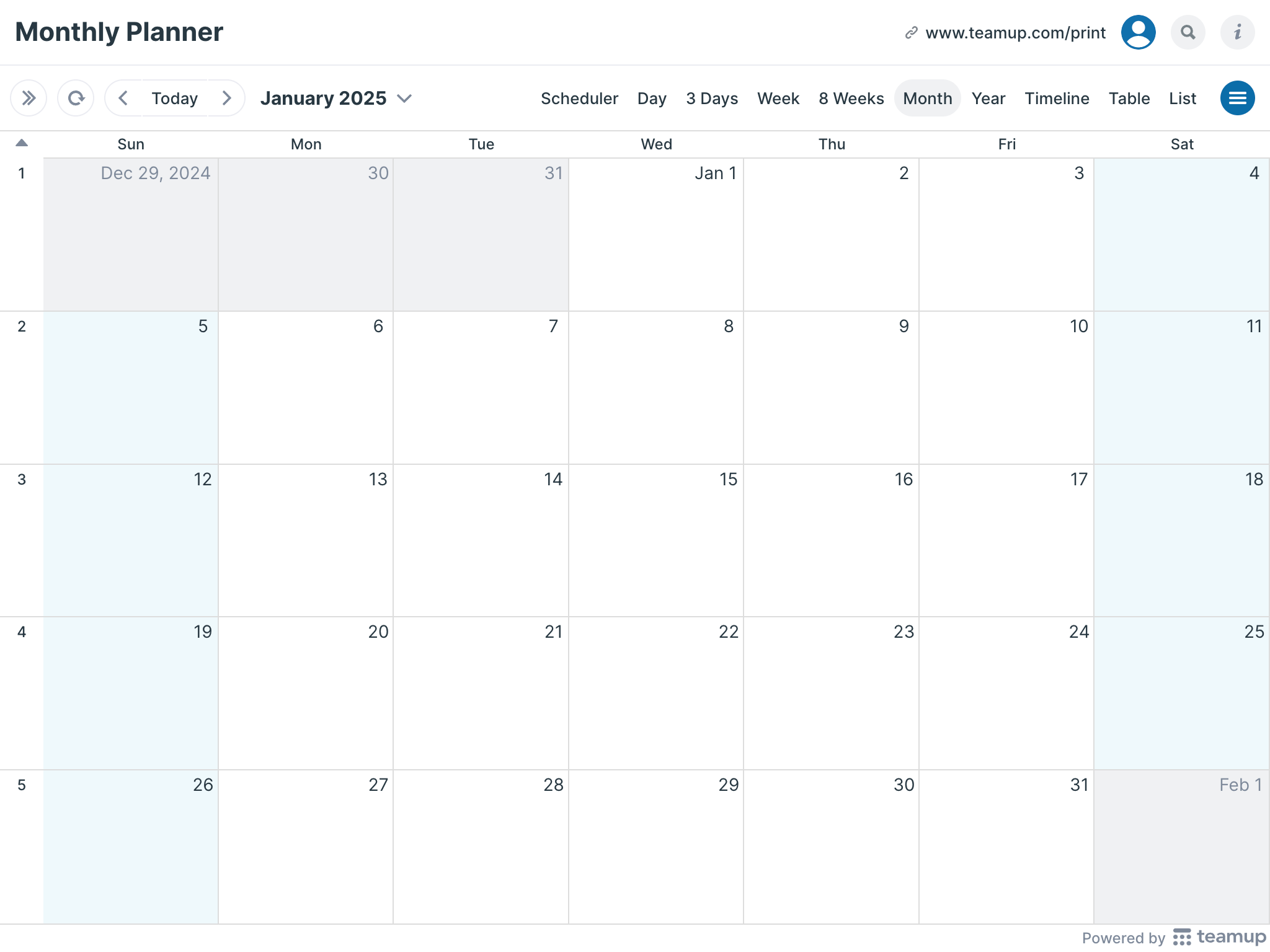 Blank 2025 Monthly Calendar Printable