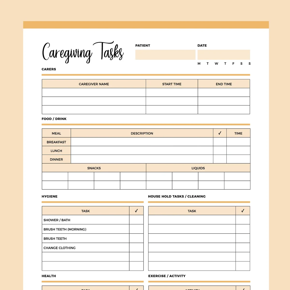 Printable Caregiving Daily Task Checklist Instant Download PDF 