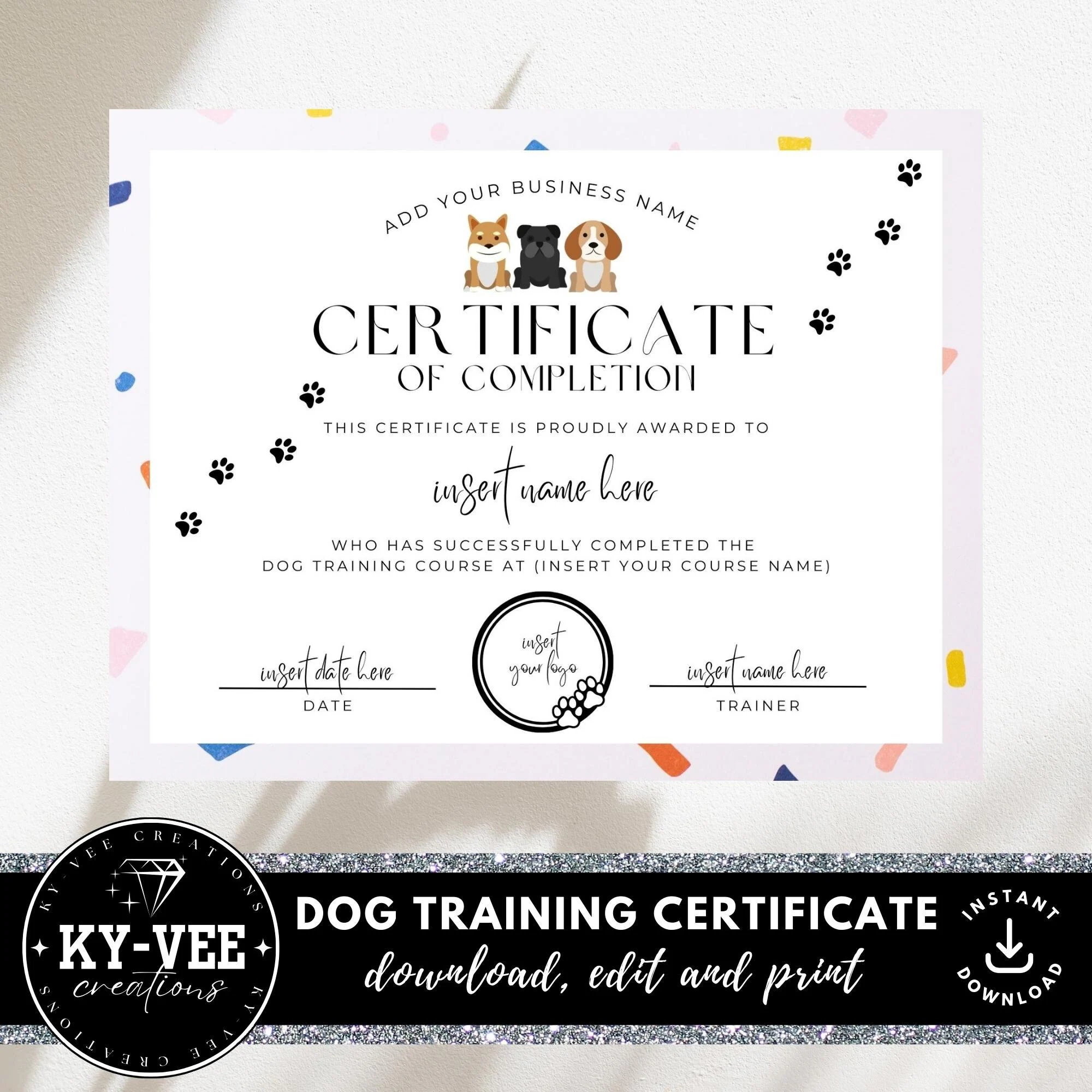 Printable Dog Training Certificate Template INSTANT DOWNLOAD 