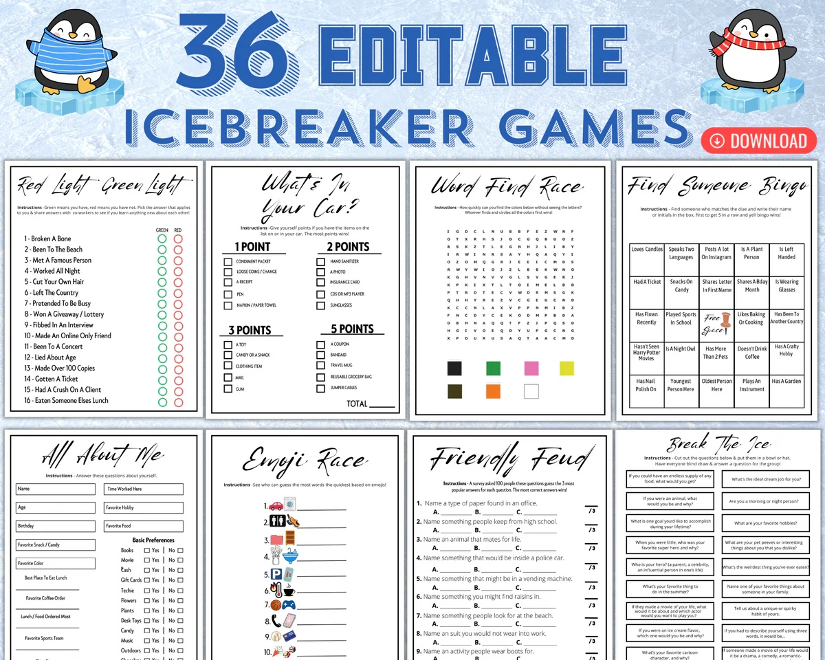 Printable Icebreaker Games Social Group Activities Editable 