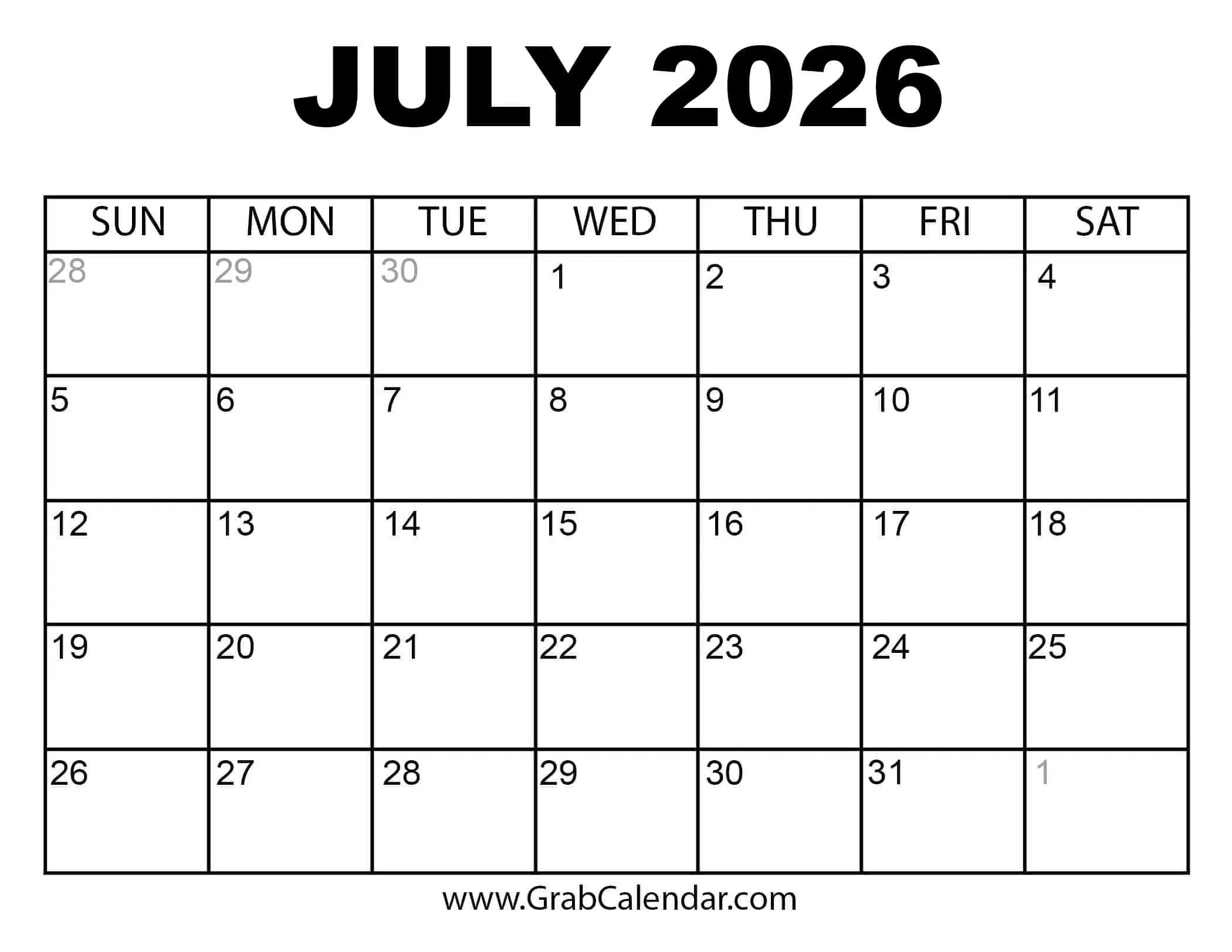 Blank July Calendar 2026 Portrait